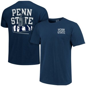 navy short sleeve t-shirt with Penn State on left chest, Penn State behind cowbell, scarf, and drumsticks on back
